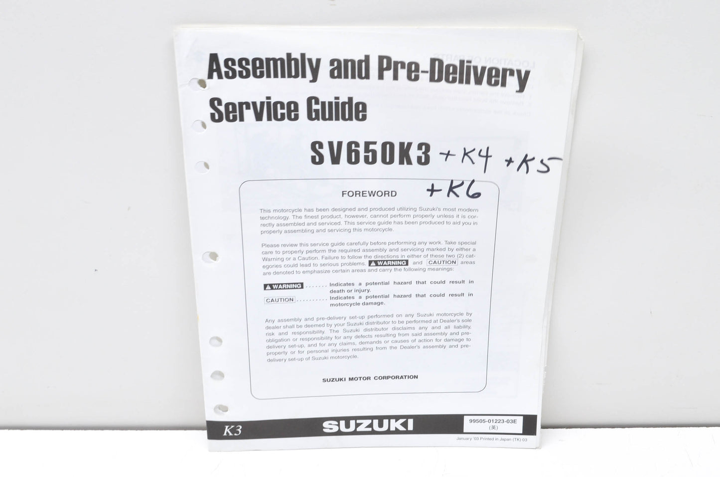 OEM Suzuki 99505-01223-03E SV650K3 Assembly & Pre-Delivery Service Guide w/ Supp