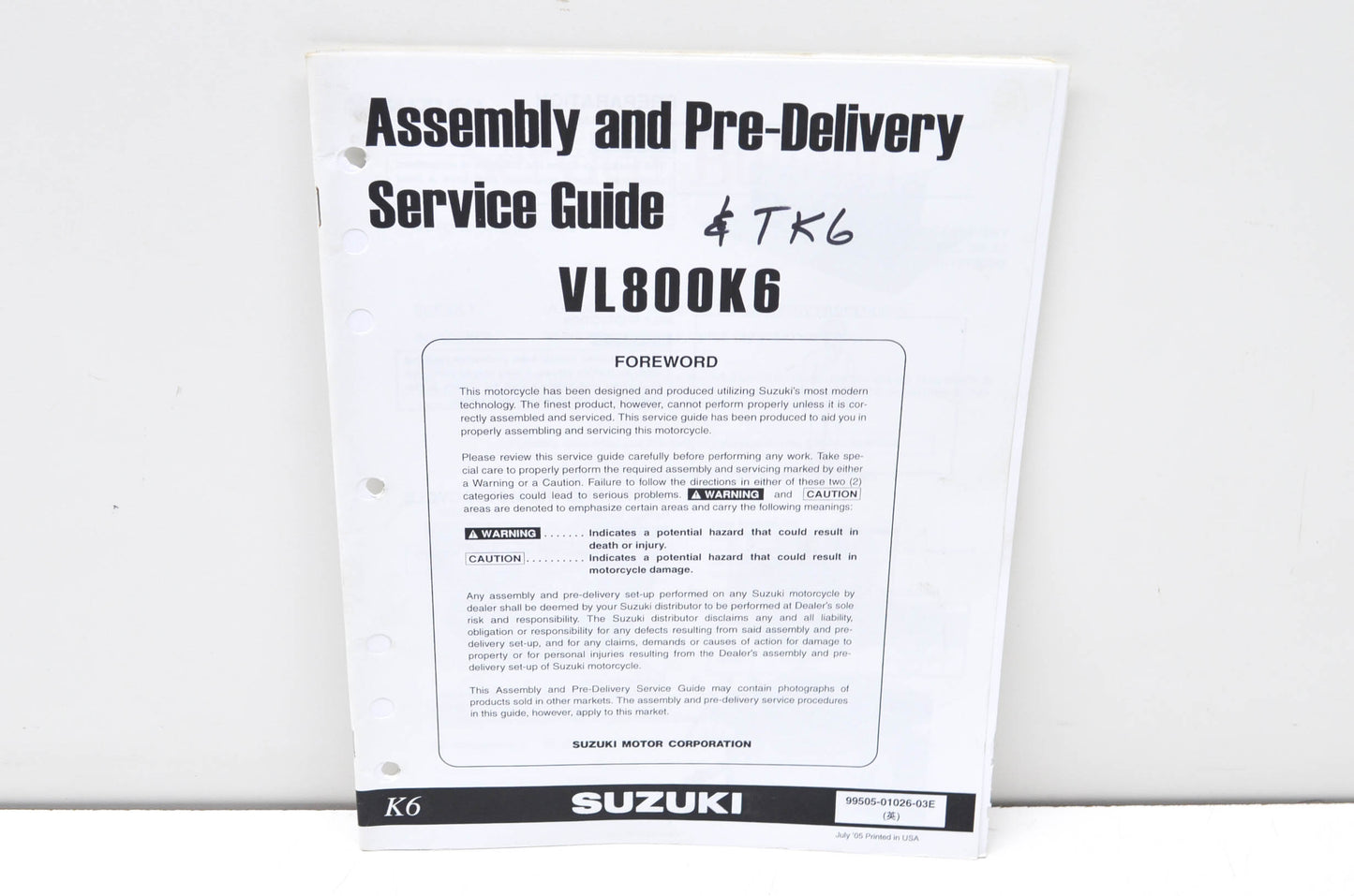OEM Suzuki 99505-01026-03E VL800K6 Assembly & Pre-Delivery Service Guide w/ Supp