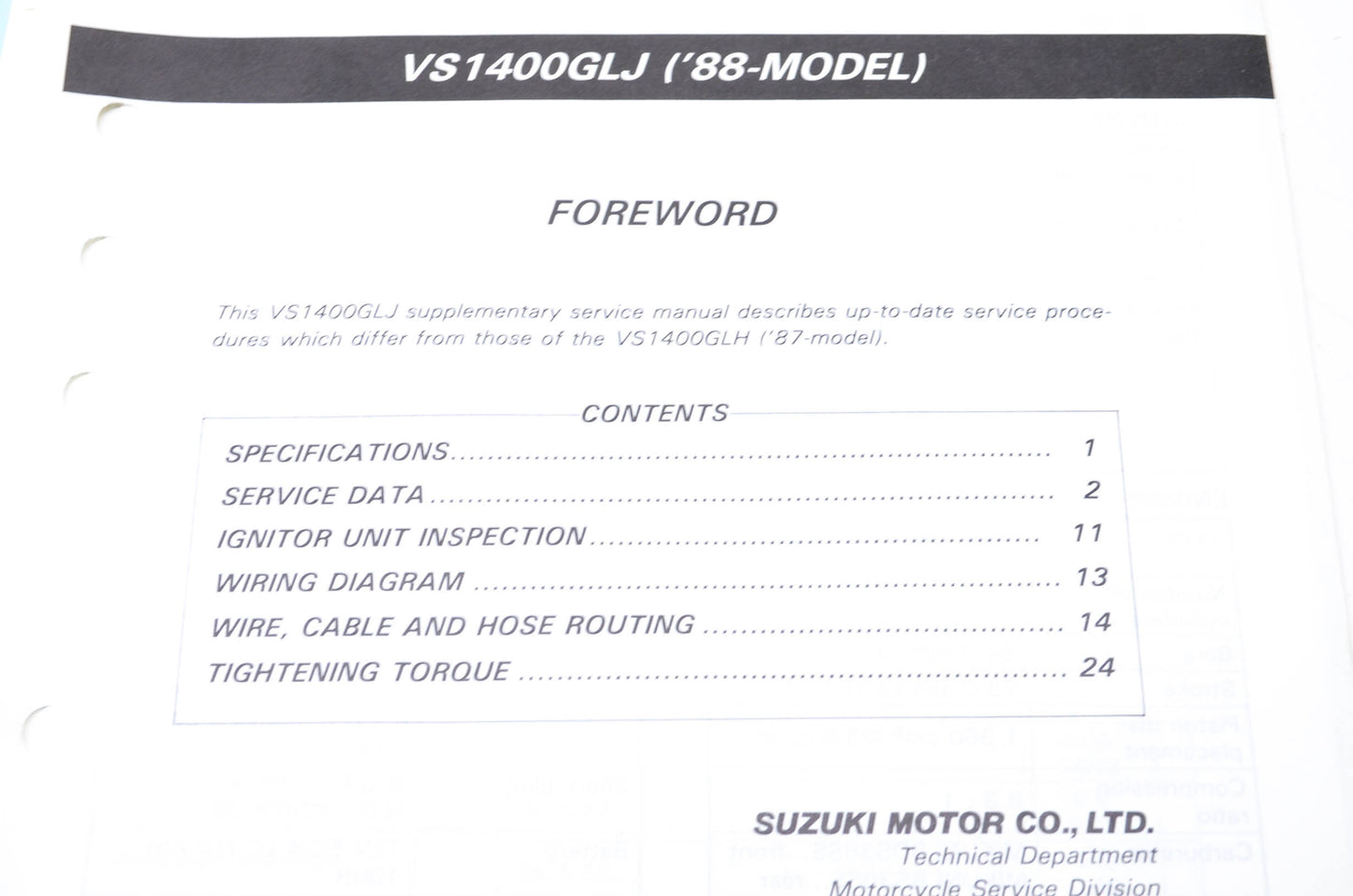 OEM Suzuki 99501-39120-03E VS1400 Supplementary Service Manual