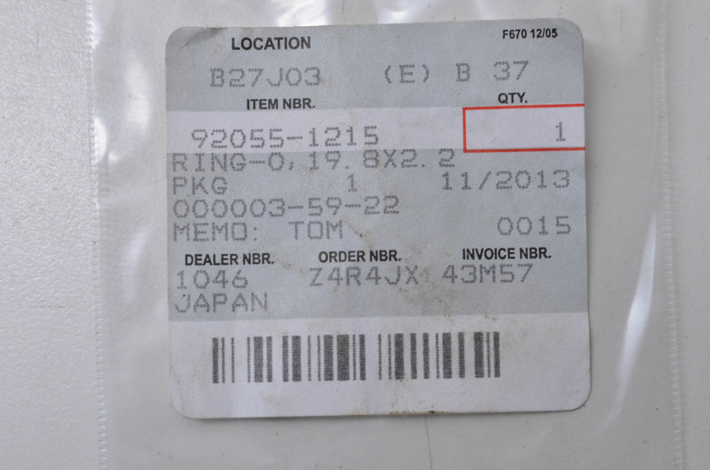 OEM Kawasaki 92055-1215 Ring 0.19.8X2.2 NOS