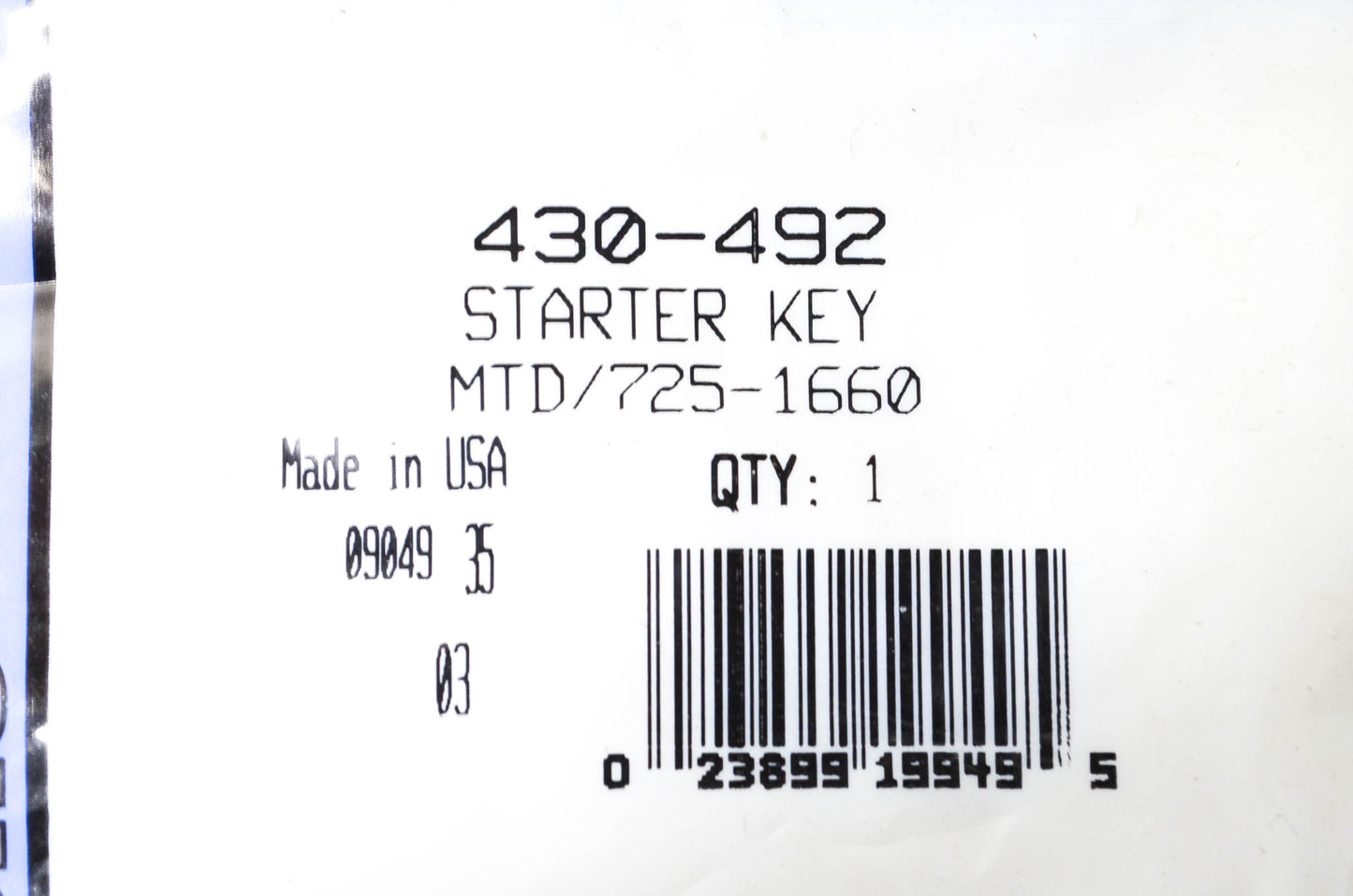 Stens 430-492, 725-1660 Snow Blower Key NOS