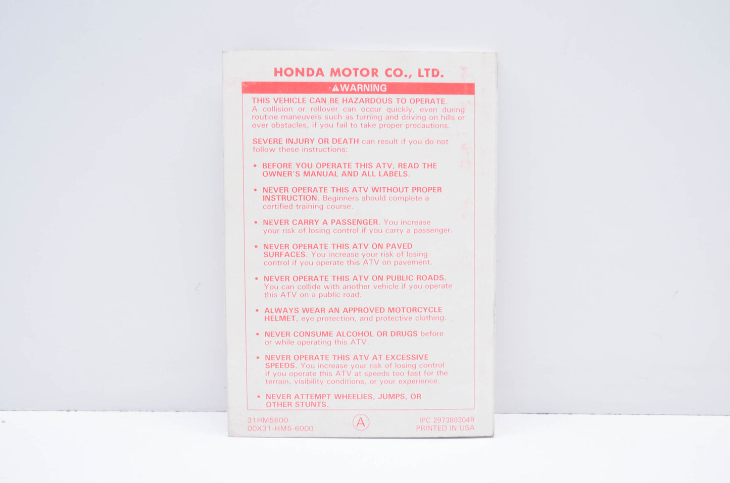 OEM Honda 31HM5600 Owner's Manual TRX300FW''94
