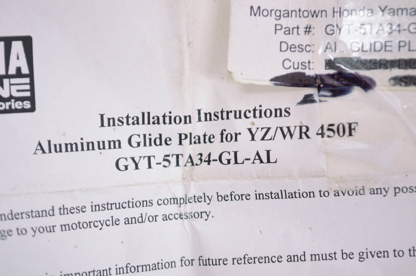 OEM Yamaha GYT-5TA34-GL-AL Aluminum Glide Plate NOS