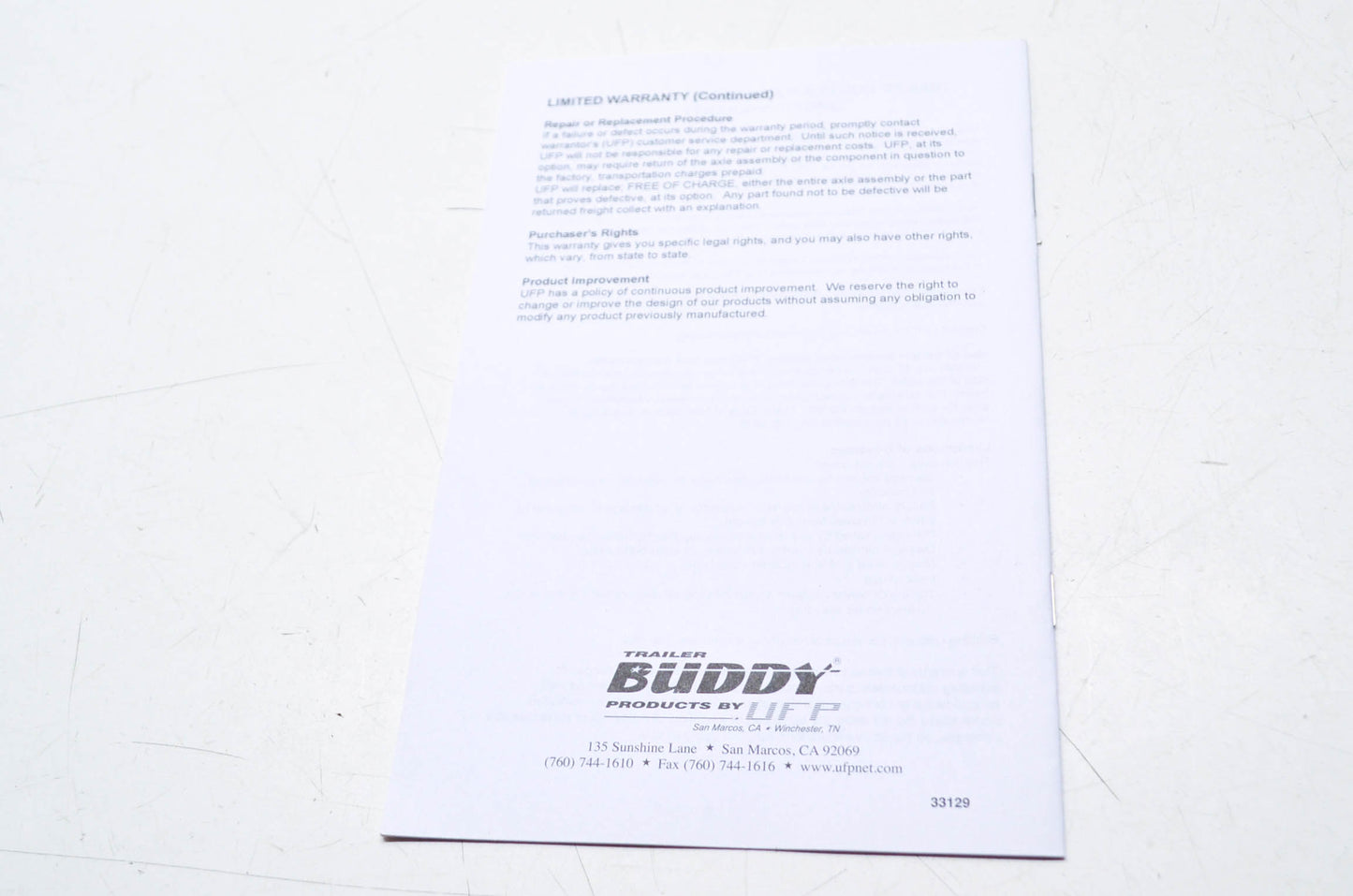 Trailer Buddy 33129 The Vault Hybrid Lubrication System Owner's Manual NOS