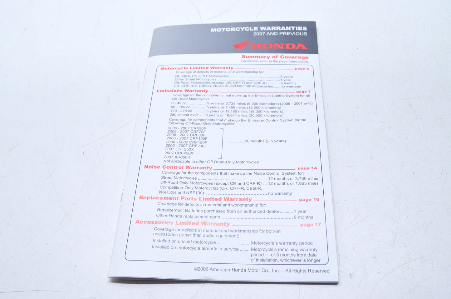 OEM Honda Motorcycle Warranties 2007 and Previous NOS