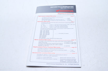 OEM Honda Motorcycle Warranties 2007 and Previous NOS