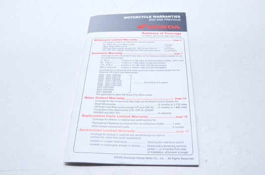 OEM Honda Motorcycle Warranties 2007 and Previous NOS