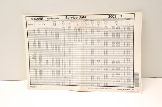 OEM Yamaha LIT-18531-00-22 Outboards Service Data Chart 2003