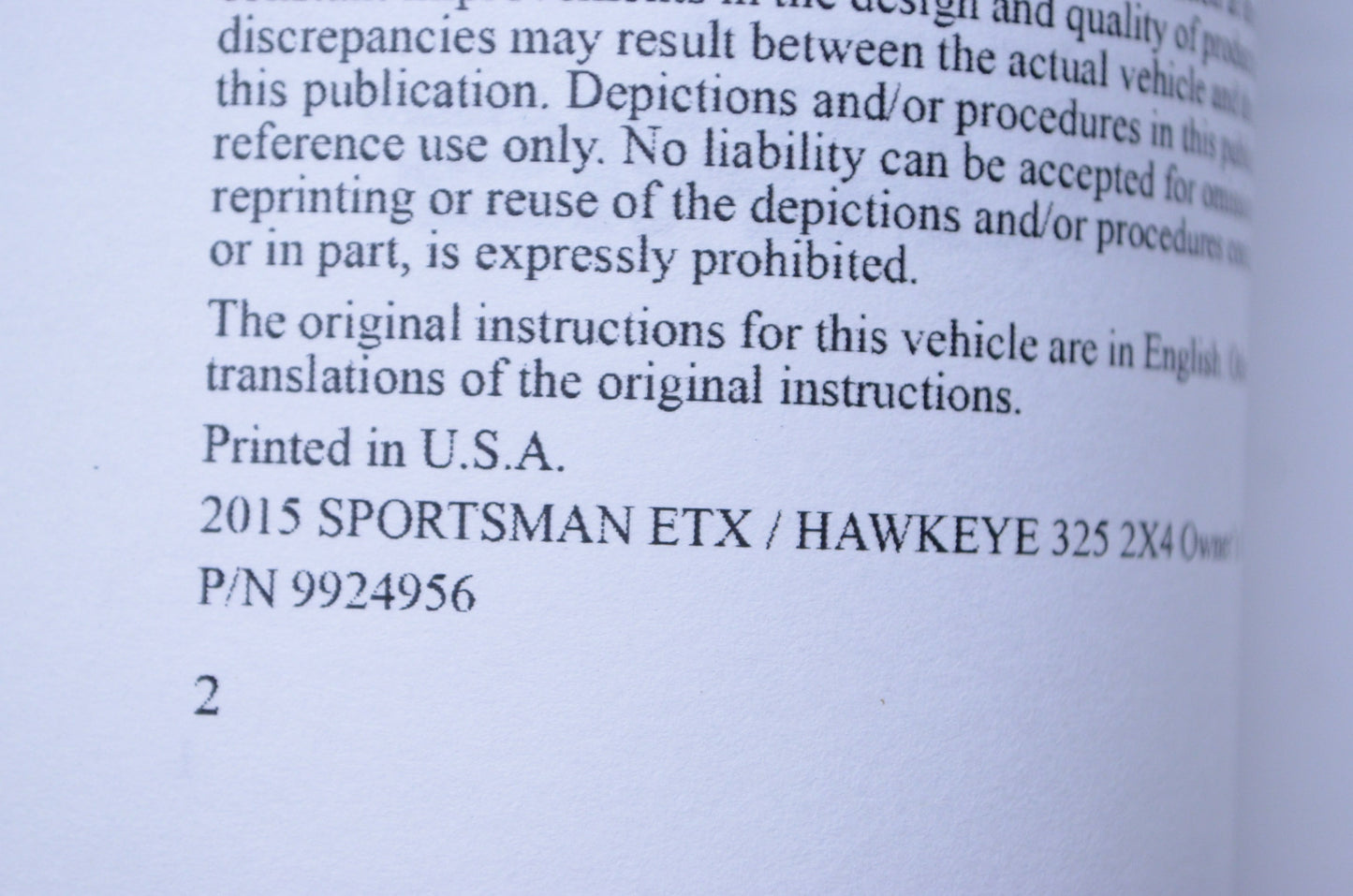 OEM Polaris 9924956 Owner's Manual 15 Sportsman ETX EFI NOS