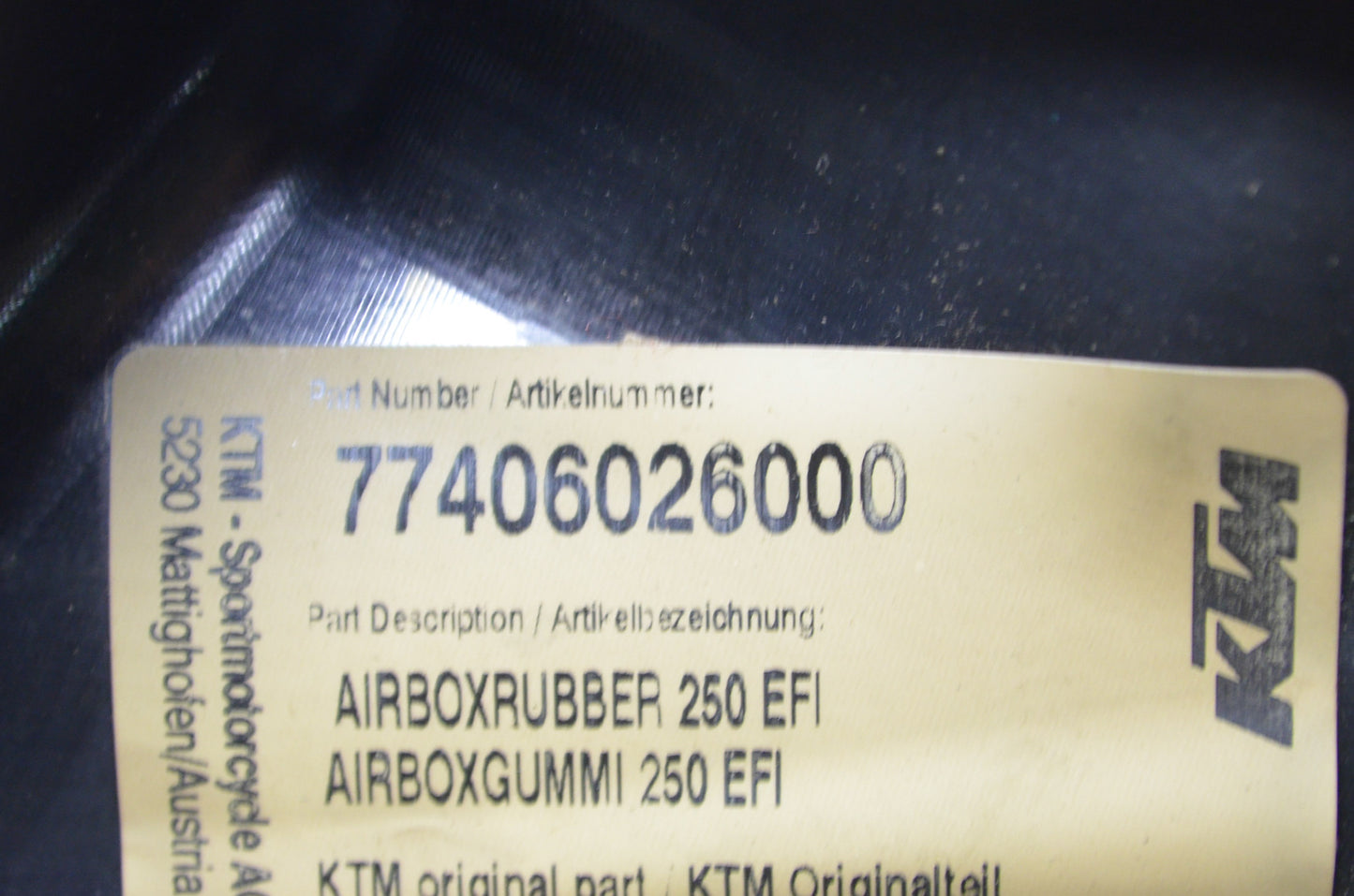 OEM KTM 77406026000 Rubber Air Box NOS