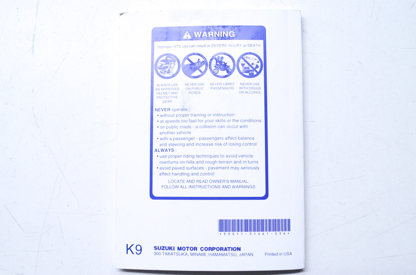 OEM Suzuki 99011-31G61-03A Owner's Manual LT-A750XK9 NOS