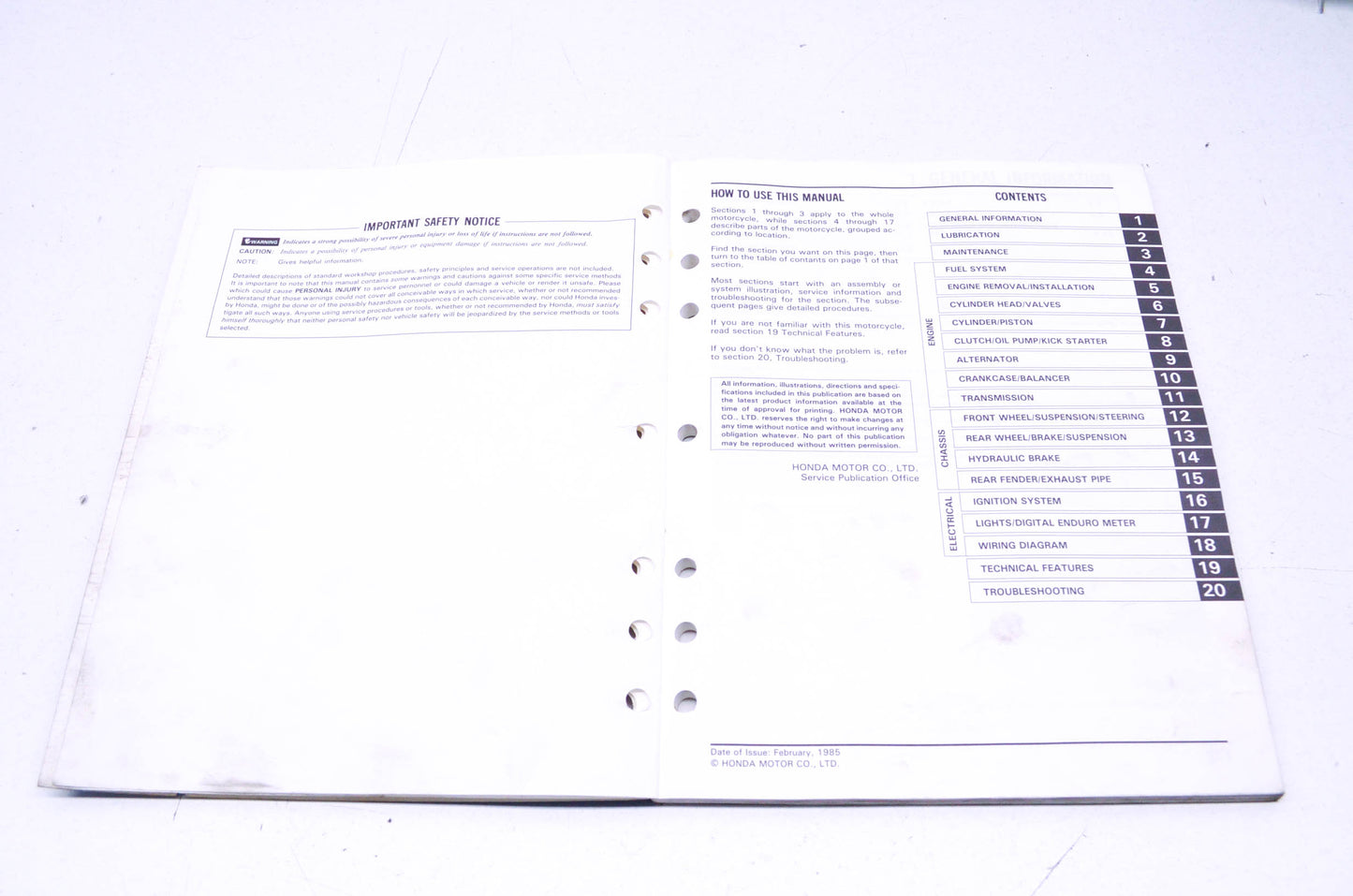 OEM Honda 1985 XR350R Shop Manual