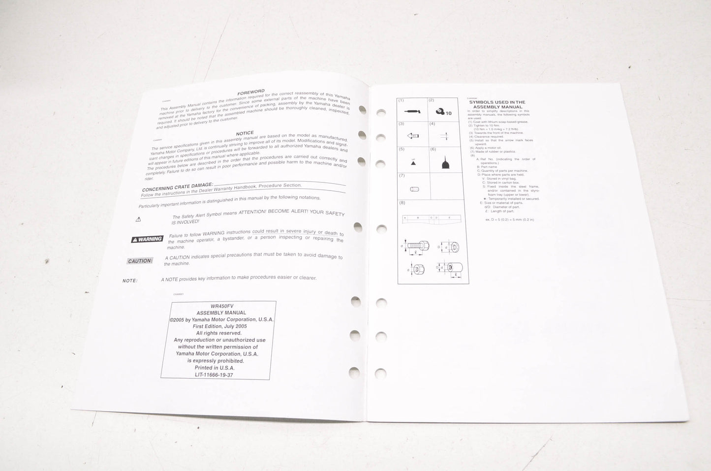 OEM Yamaha LIT-11666-19-37 WR450FV Assembly Manual NOS