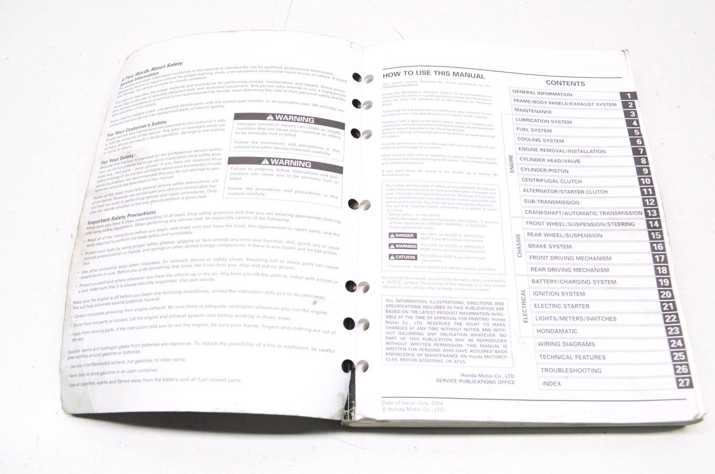 OEM Honda 61HN203 Service Manual TRX500FA/FGA1-4