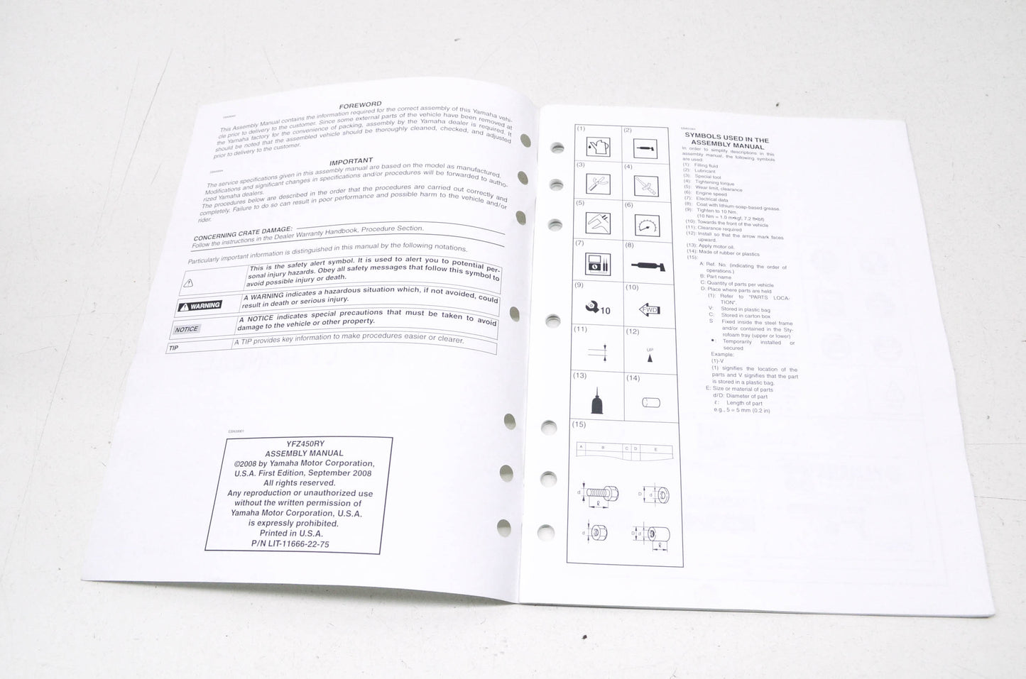 OEM Yamaha LIT-11666-22-75 YFZ450RY Assembly Manual