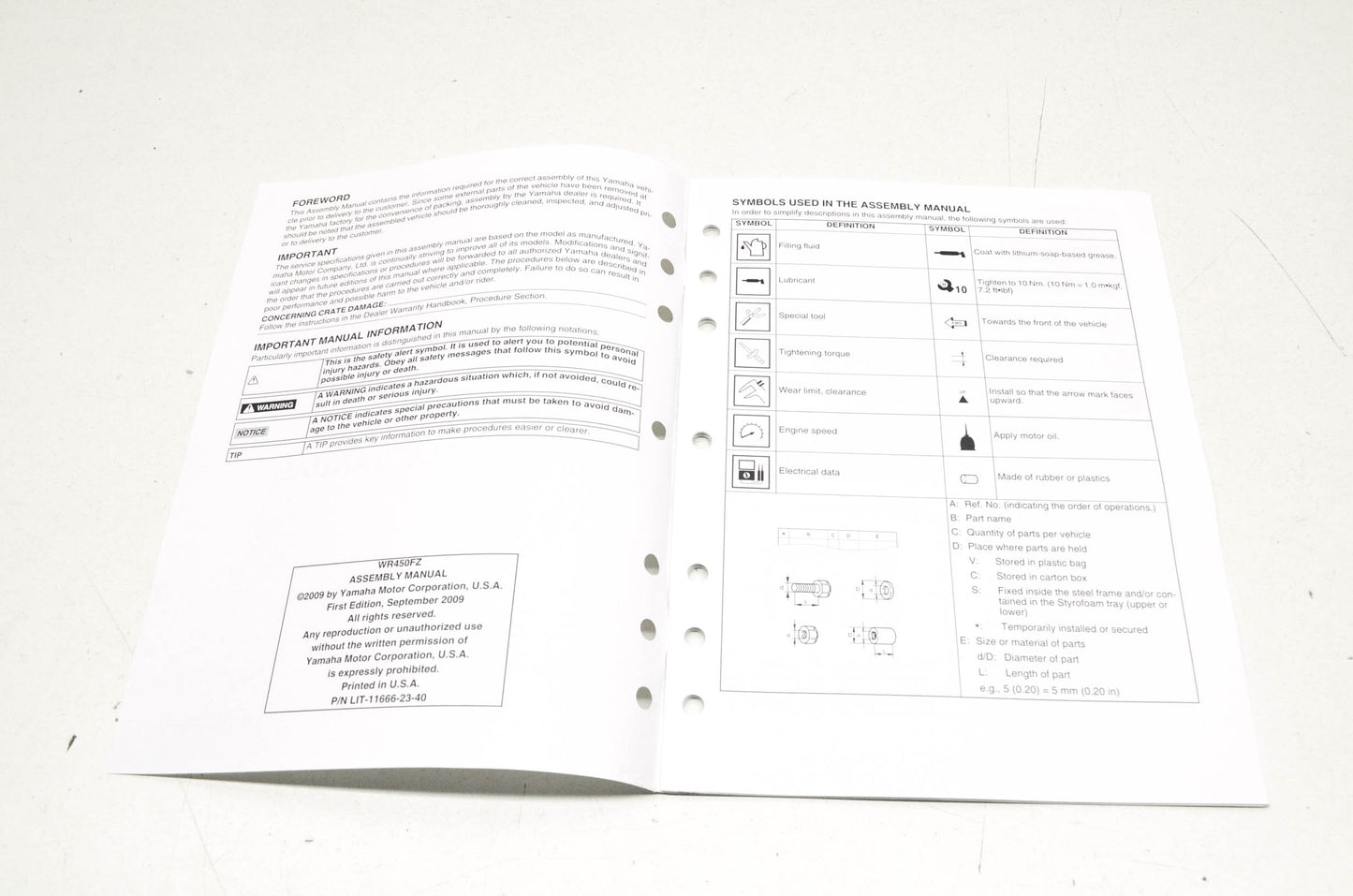 OEM Yamaha LIT-11666-23-40 WR450FA Assembly Manual NOS