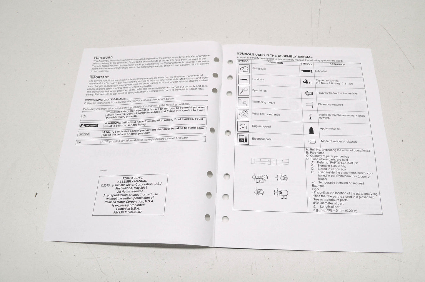 OEM Yamaha LIT-11666-28-07 Assembly Manual 2015 FZ-07 NOS