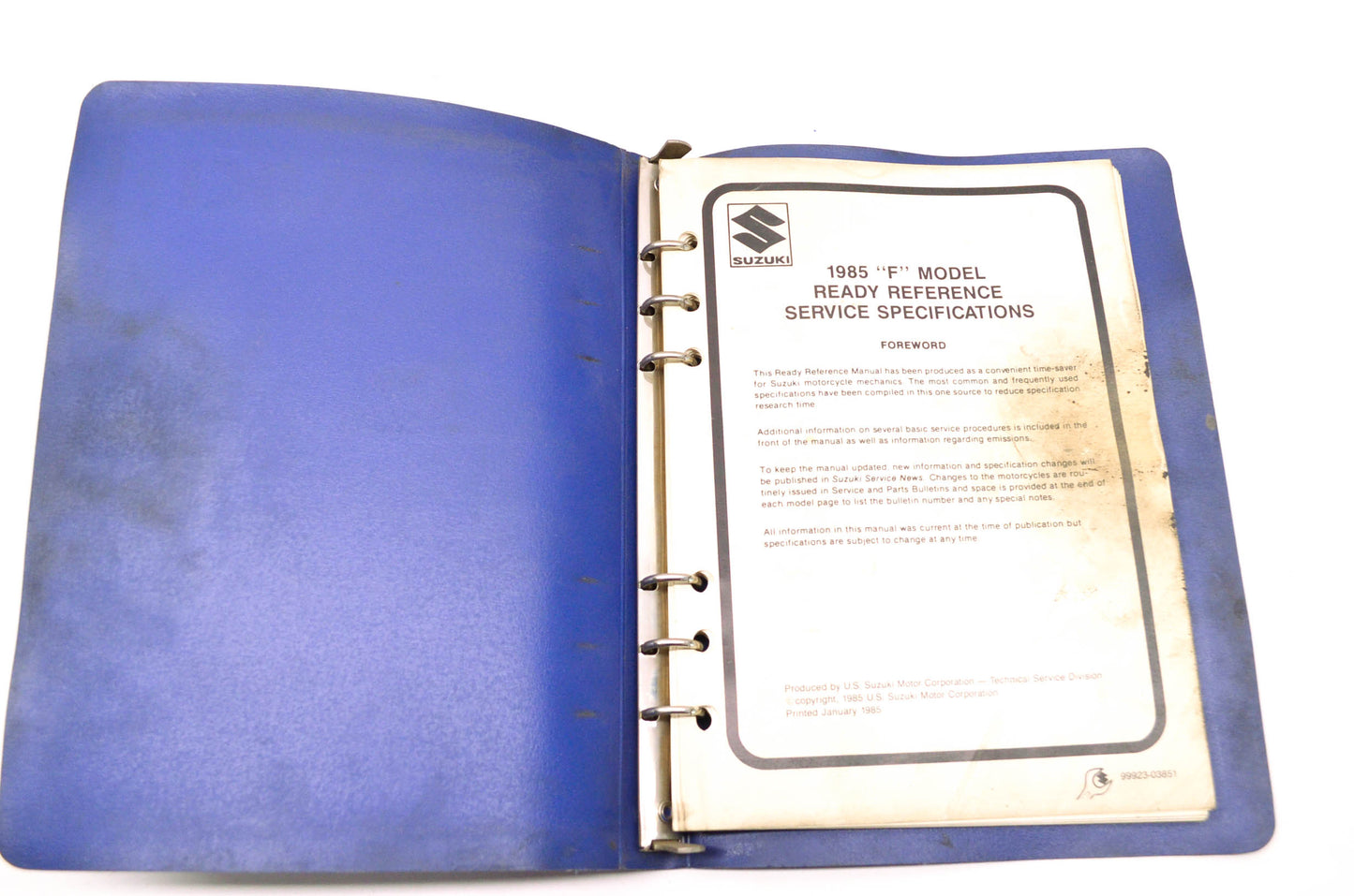 OEM Suzuki 99923-03851 1985 F Model Ready Reference Service Specifications