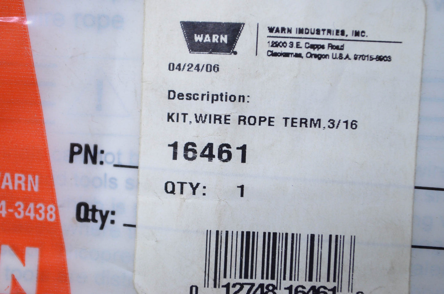 Warn 16461 3/16 Rope Wire Terminal Higher Kit NOS