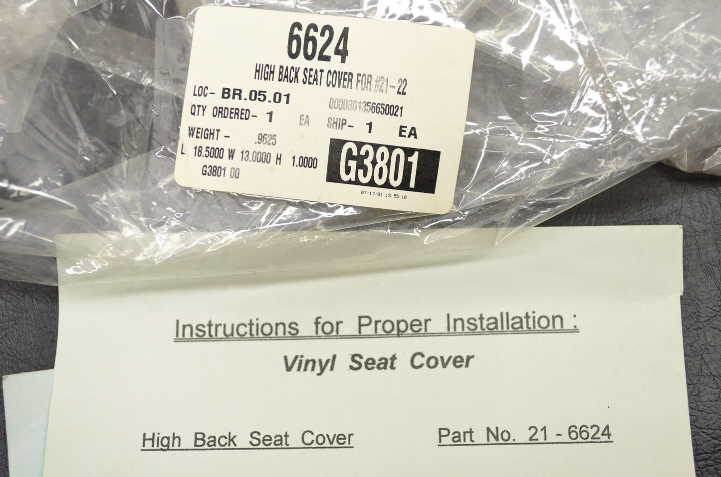 Aftermarket 21-6624 High Back Vinyl Seat Cover NOS