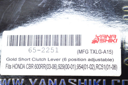Yana Shiki TXLG-A15, 65-2251 Honda Gold Short 6 Position Adjustable Clutch Lever