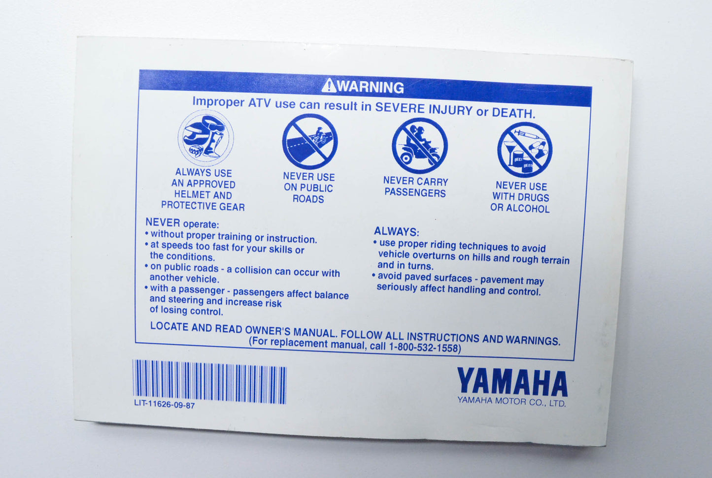 OEM Yamaha LIT-11626-09-87 YFM350X(H) Owner's Manual NOS