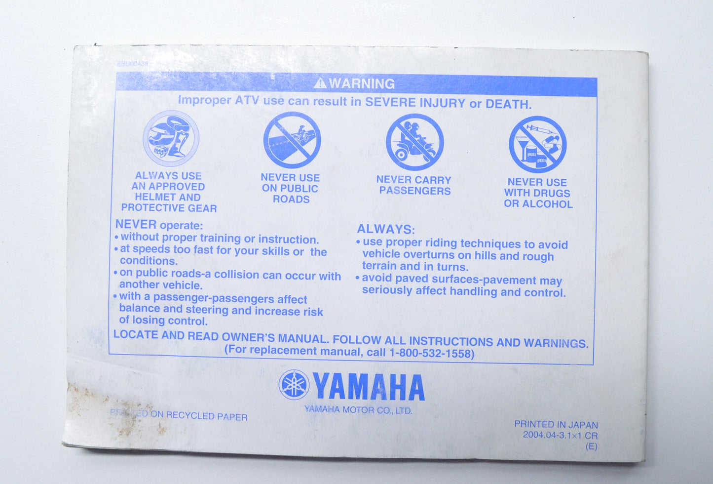 OEM Yamaha LIT-11626-18-14 YFM350RT RAPTOR Owner's Manual