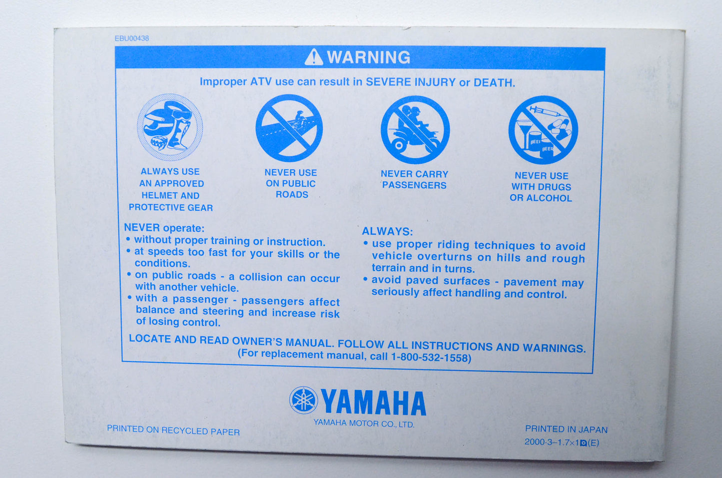 OEM Yamaha LIT-11626-14-04 YFM80N "BADGER" Owner's Manual NOS