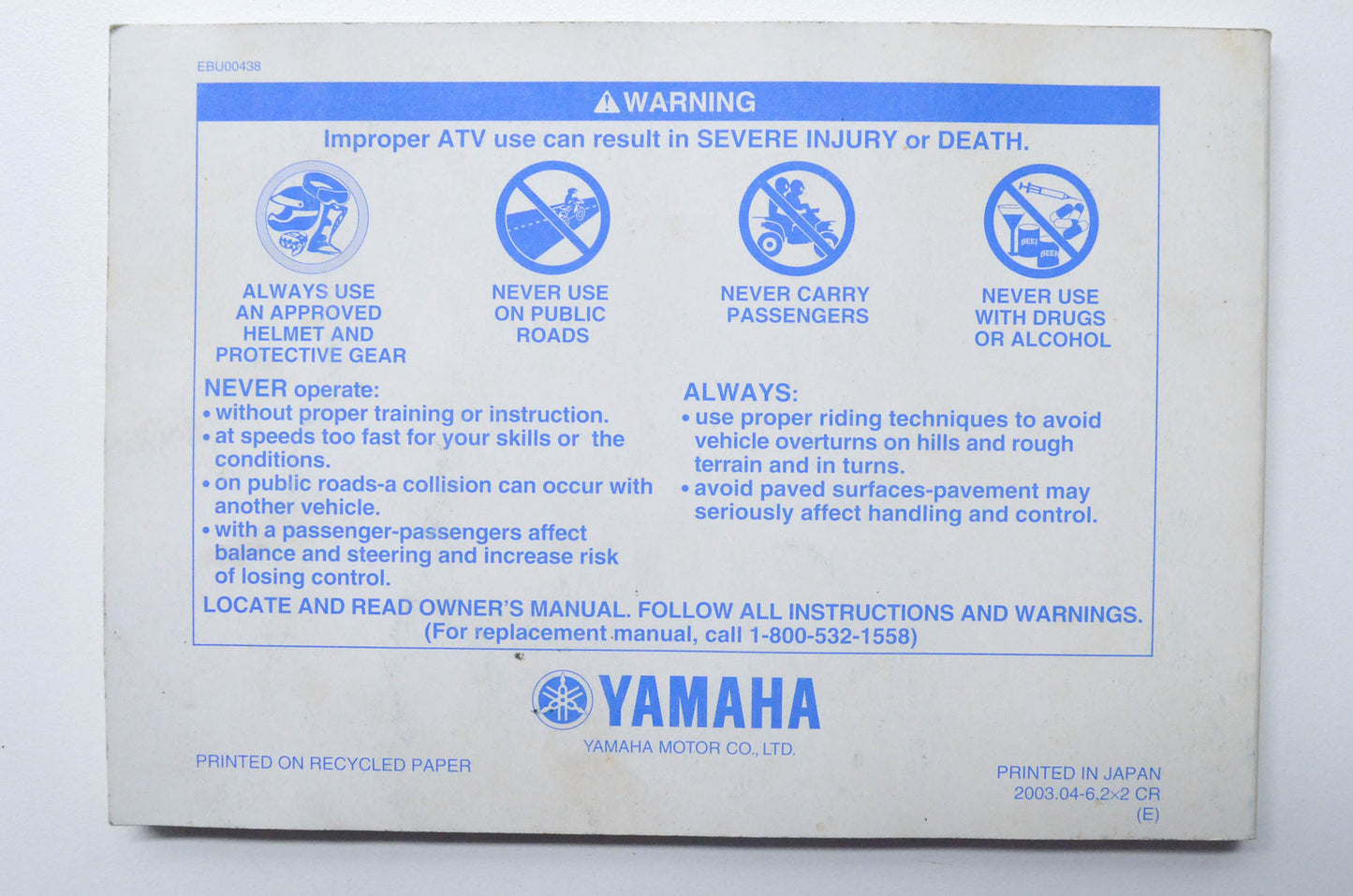 OEM Yamaha LIT-11626-17-11 YFZ450S Owner's Manual