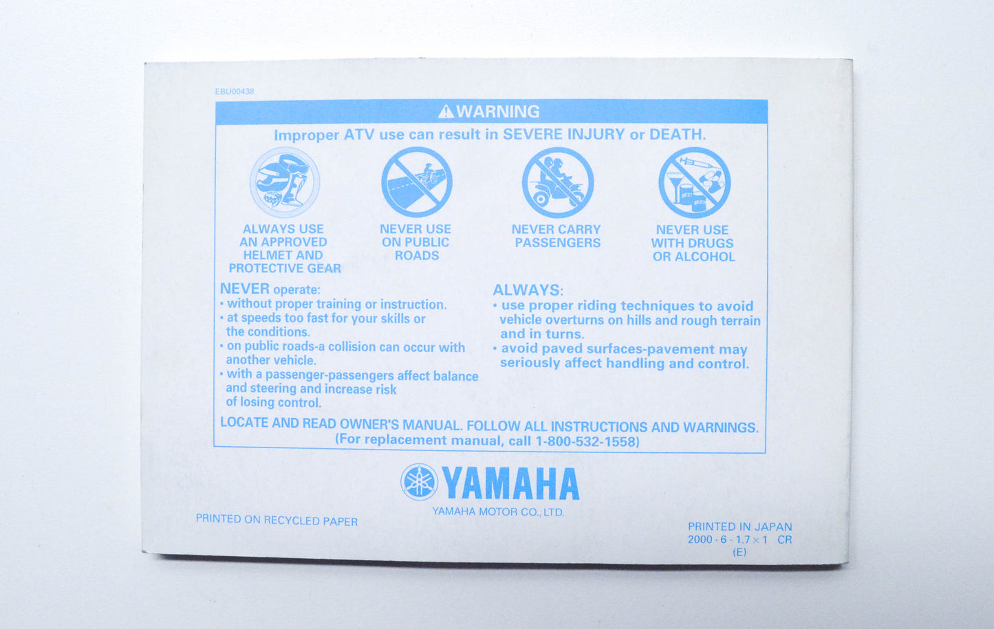 OEM Yamaha LIT-11626-14-21 YFM660RN(C) "RAPTOR" Owner's Manual NOS