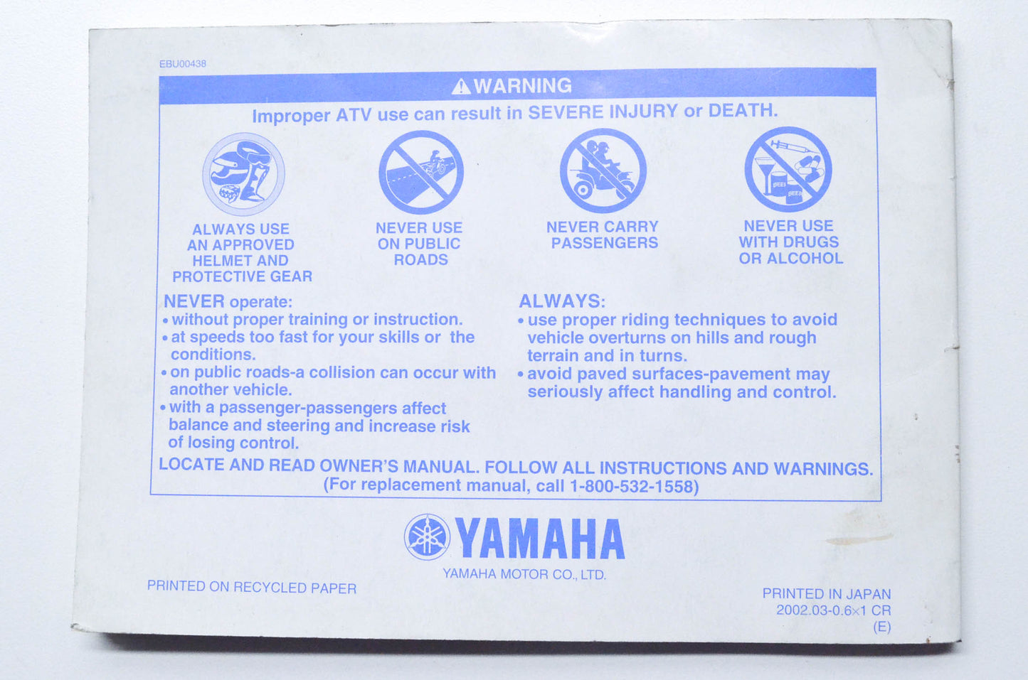 OEM Yamaha LIT-11626-16-03 YFM350FXR WOLVERINE Owner's Manual