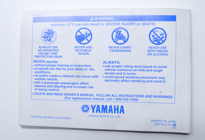 OEM Yamaha LIT-11626-21-11 YFZ450 YFZ450X/SPX Owner's Manual