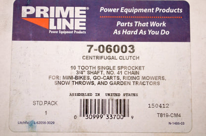 Prime Line 7-06003 Centrifugal Clutch 10 T Sprocket 3/4' Shaft No. 41 Chain NOS