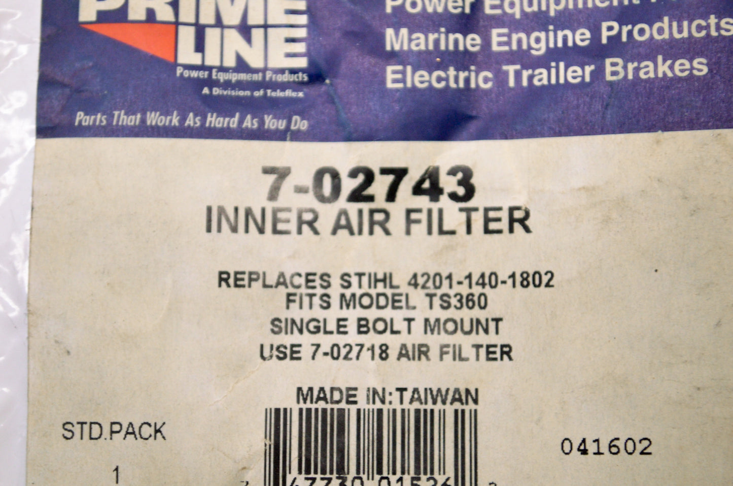 Prime Line 7-02743, 4201-140-1802 Inner Air Filter NOS