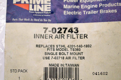 Prime Line 7-02743, 4201-140-1802 Inner Air Filter NOS
