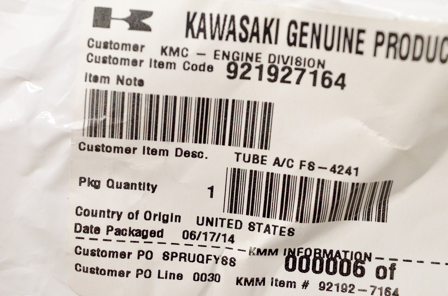 OEM Kawasaki 92192-7164 Engine A/C Tube NOS