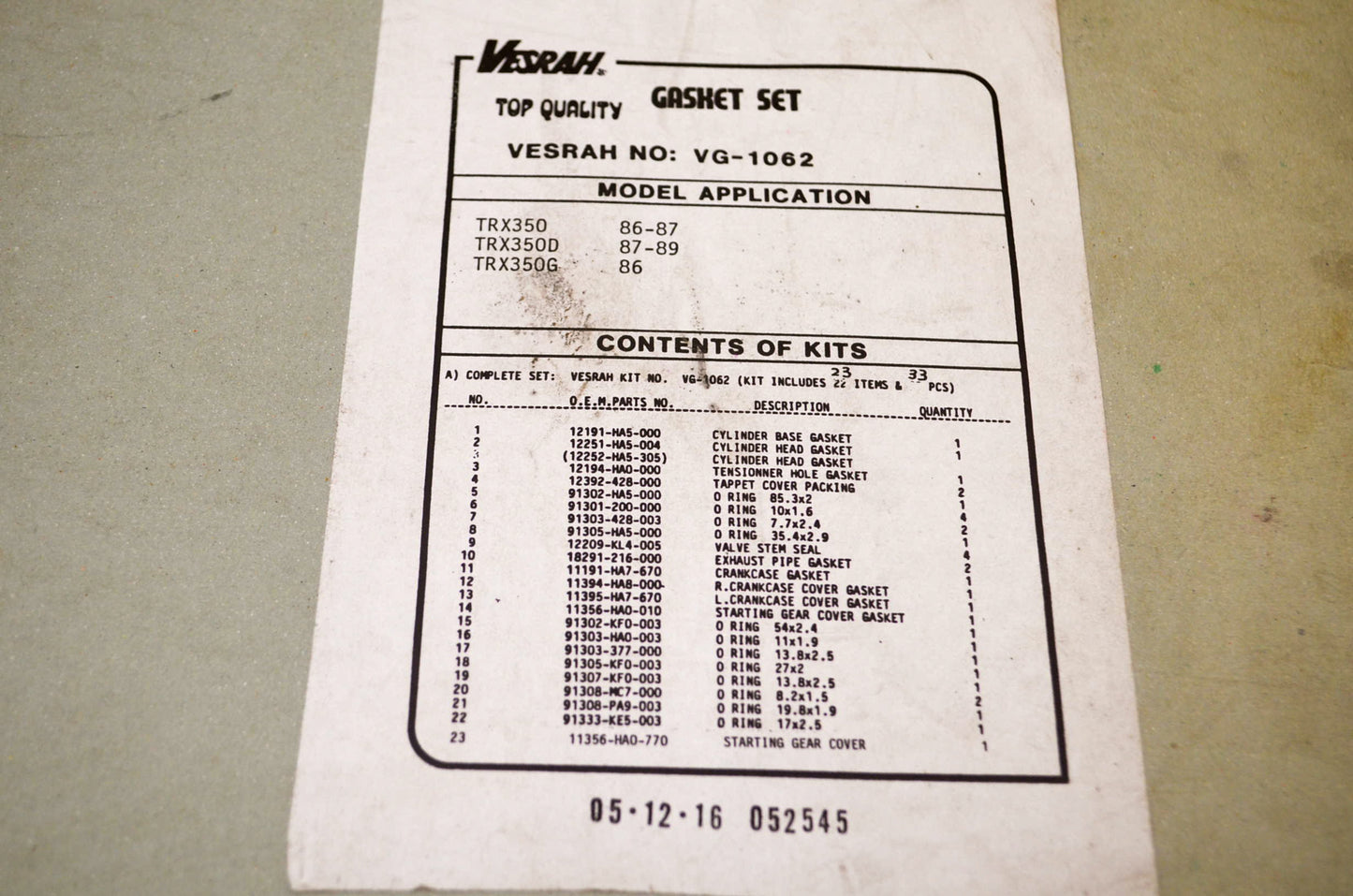 Vesrah VG-1062-M Gasket Set NOS