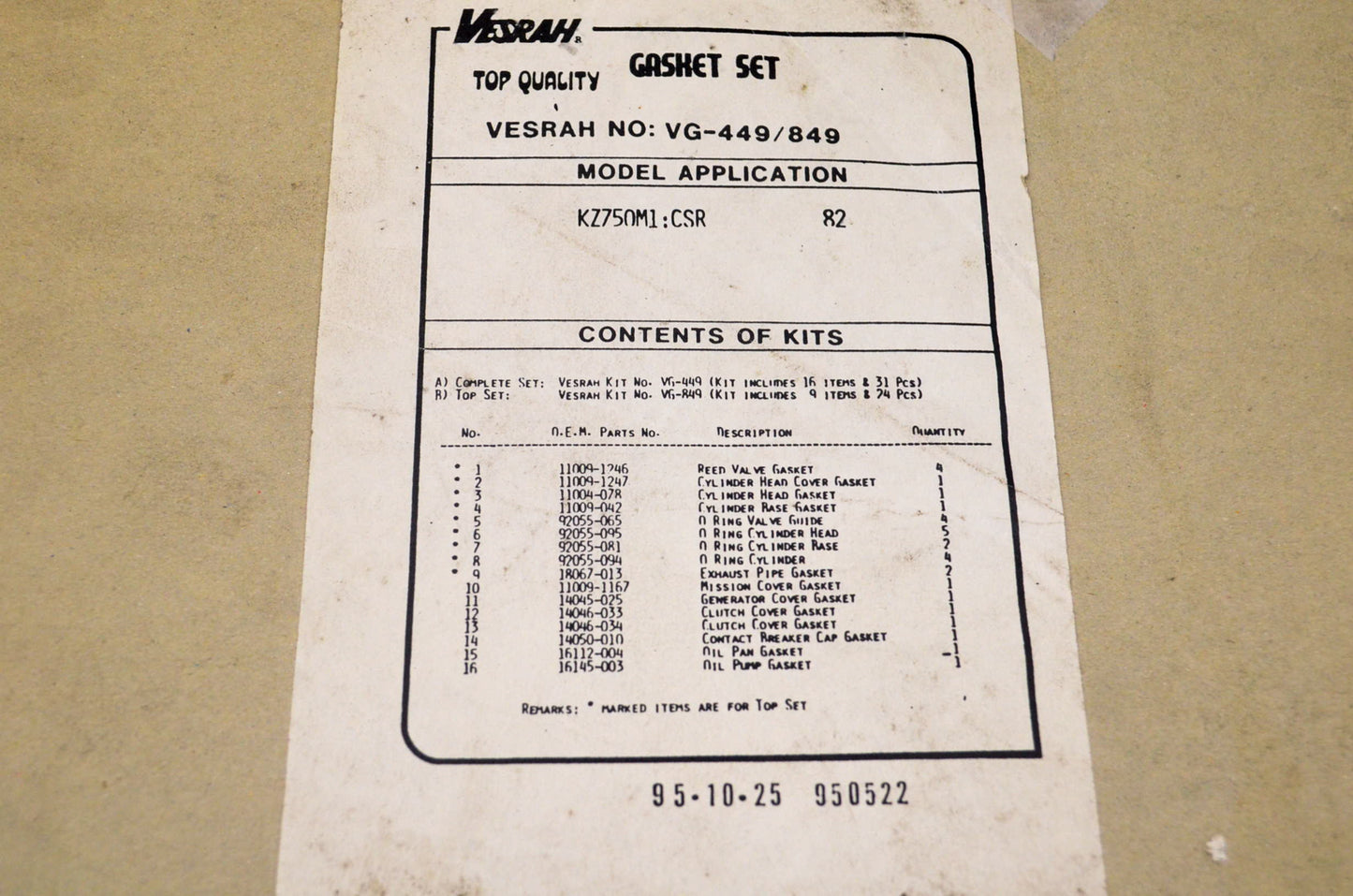 Vesrah VG-449 Gasket Set NOS