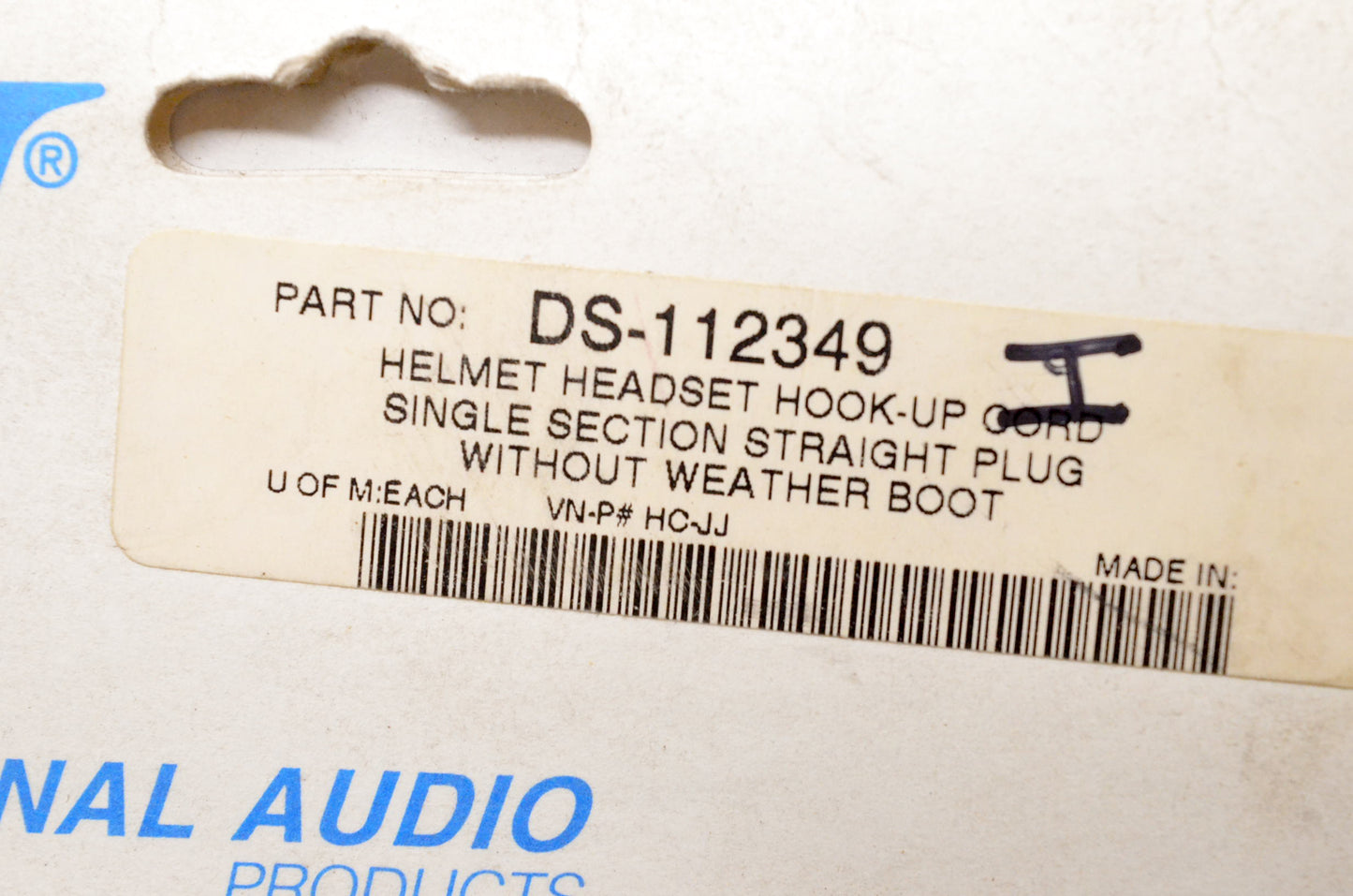 J&M Corp DS-112349, HC-JJ Helmet Headset Hookup Cord NOS