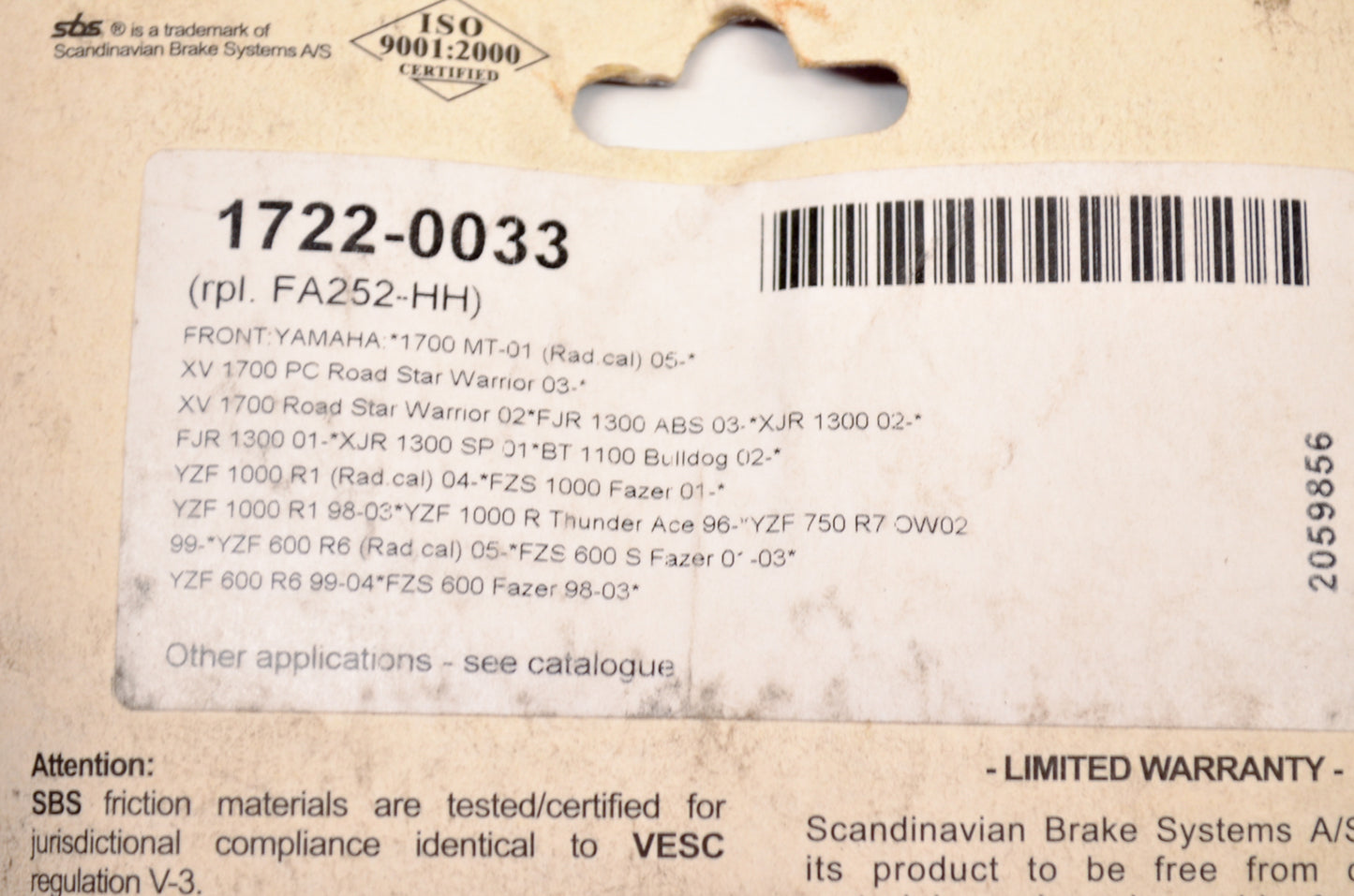 Parts Unlimited 1722-0033, FA252 Brake Pad Kit NOS
