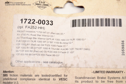 Parts Unlimited 1722-0033, FA252 Brake Pad Kit NOS