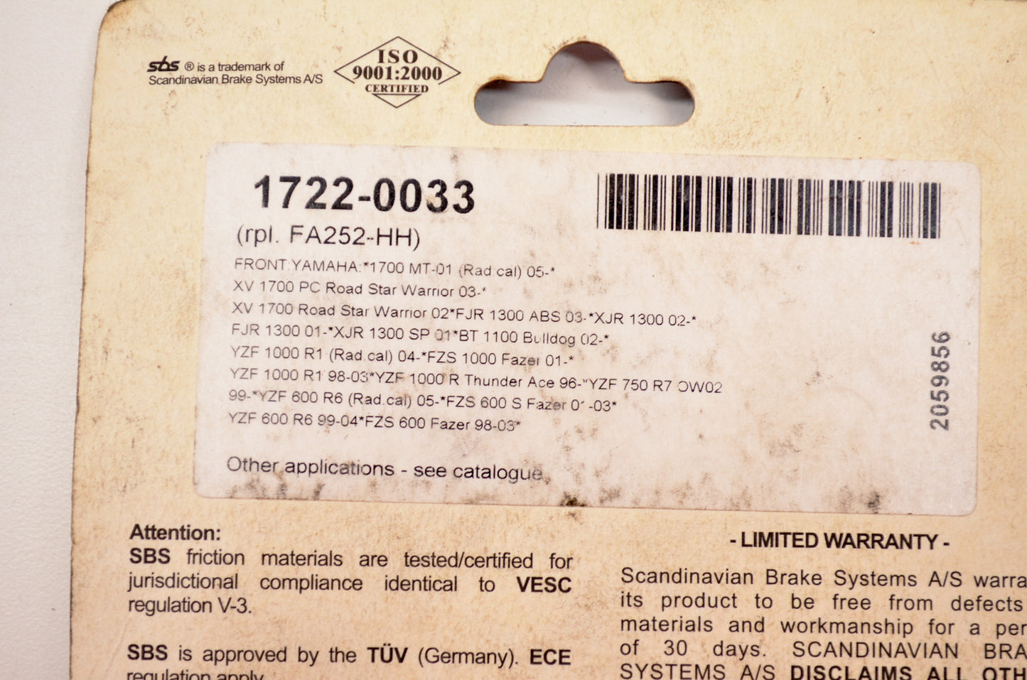 Parts Unlimited 1722-0033, 634HS, FA252-HH Brake Pad Kit NOS