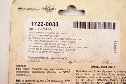 Parts Unlimited 1722-0033, 634HS, FA252-HH Brake Pad Kit NOS