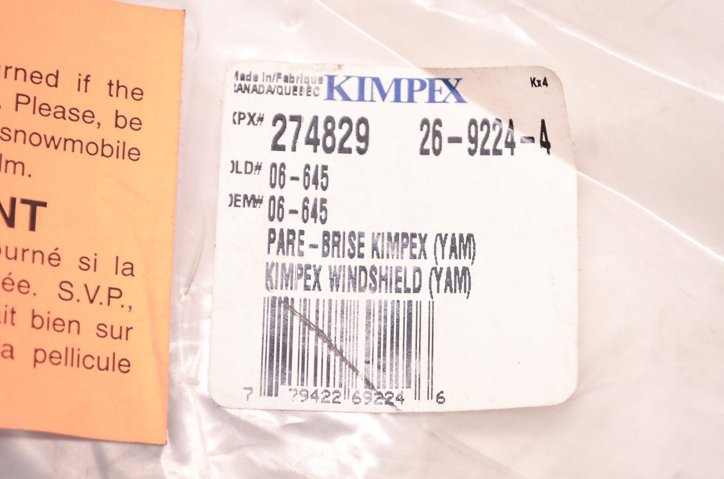 Parts Unlimited 06-645, 274829 Windshield NOS