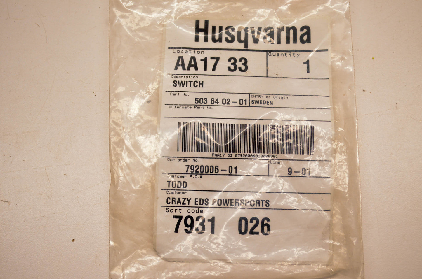 New OEM Husqvarna 503 64 02-01 Heater Switch NOS