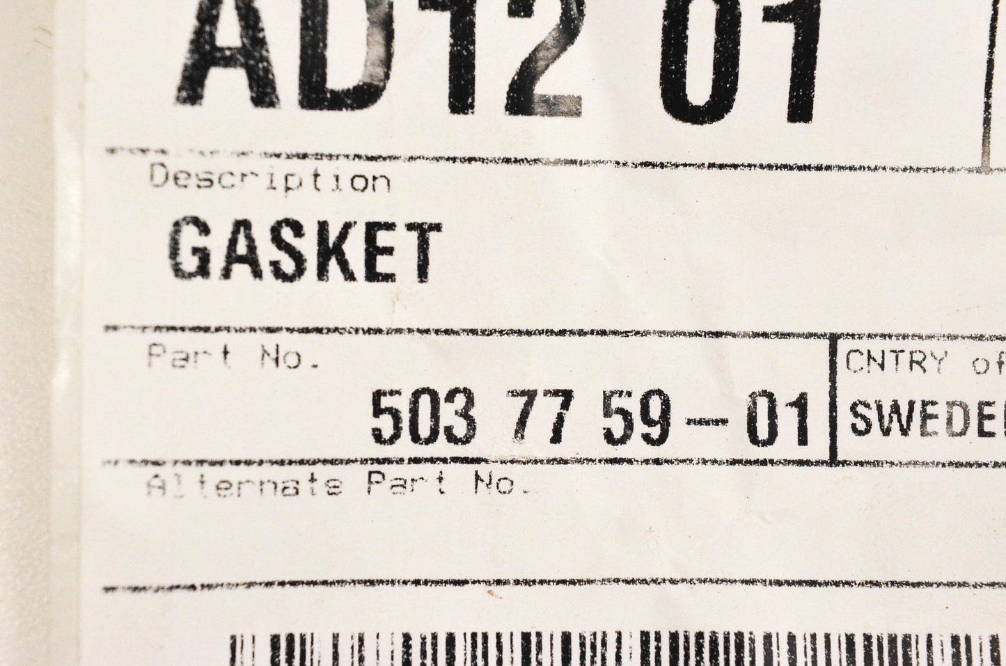 New OEM Husqvarna 5037759-01, 503775901 Gasket NOS