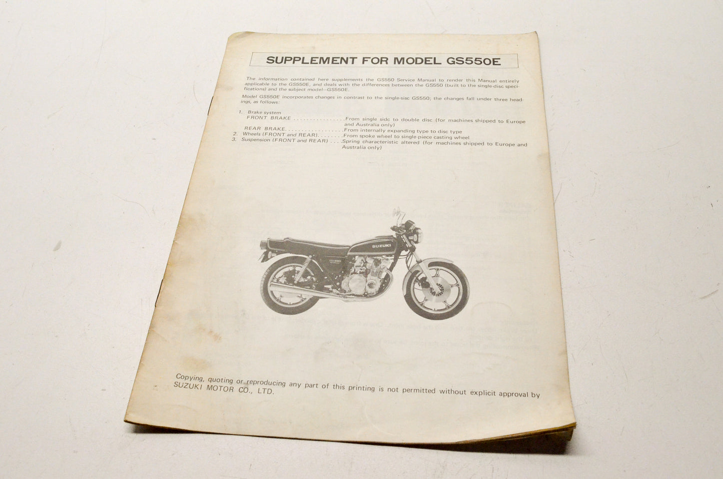 OEM Suzuki SR-8100-SUPPLEMENT Model GS550E Manual Supplement