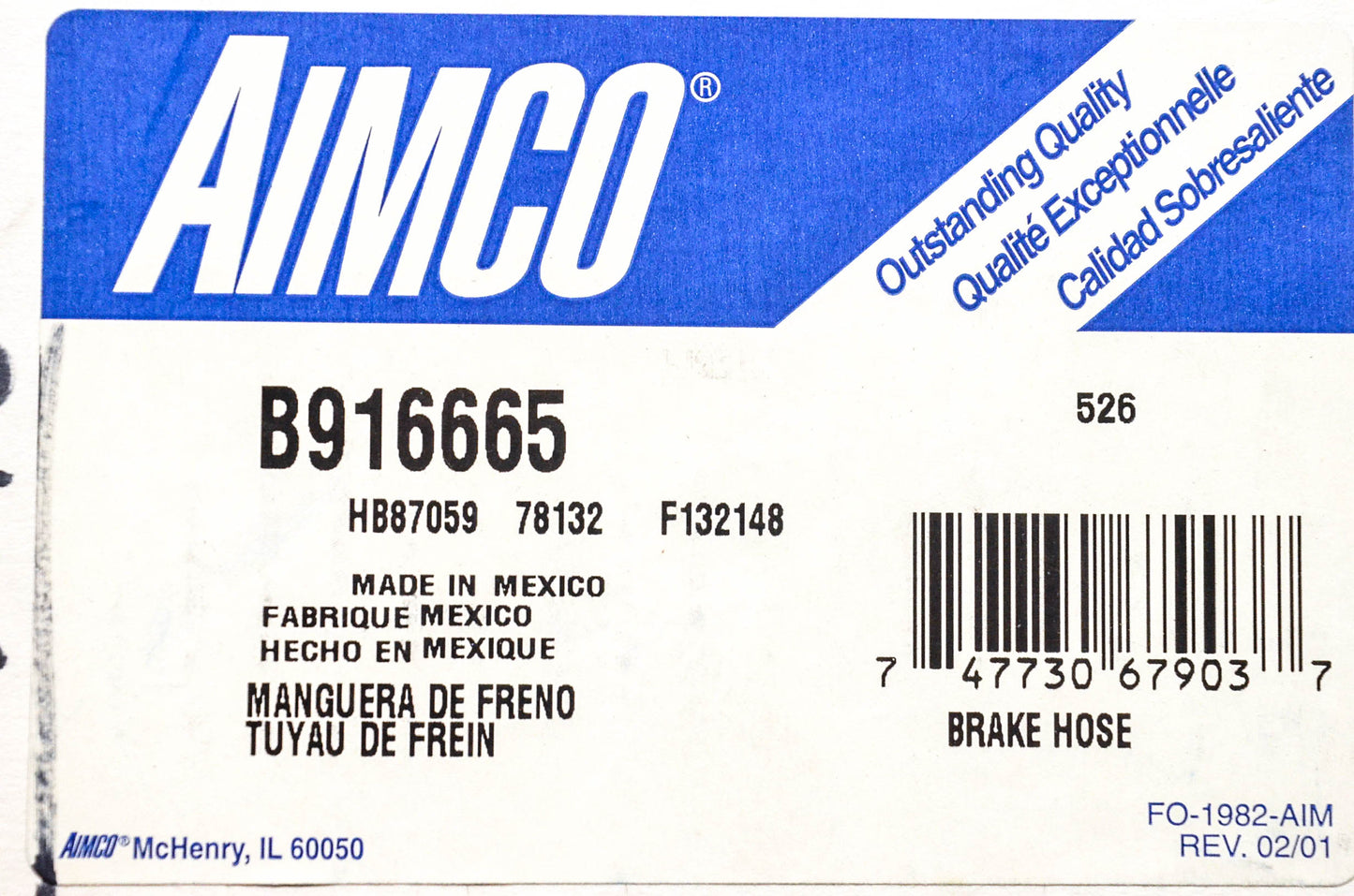Aimco B916665, HB87059, F132148 Brake Hose NOS