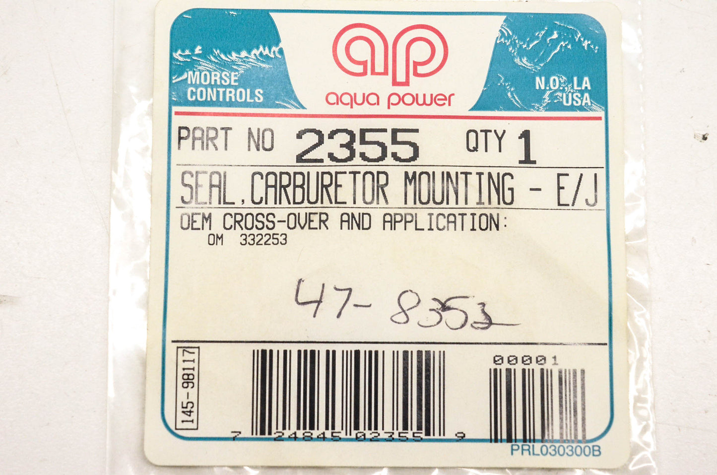 Aqua Power 2355, 47-8352, 332253 Carburetor Mounting Seal Kit NOS
