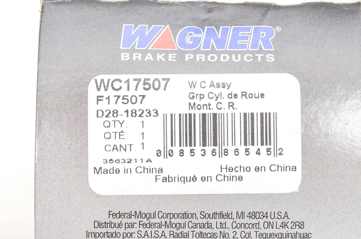 Wagner WC17507, F17507, D28-18233 Wheel Cylinder Assembly NOS